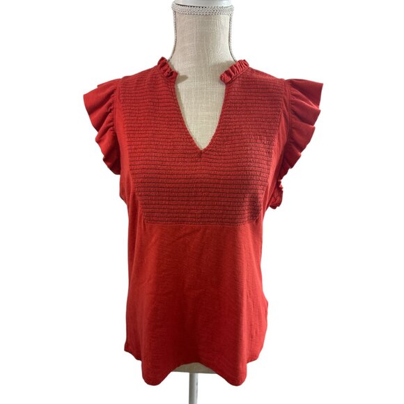 NATION LTD Habiba Fancy Tee Rouge Size XL Smocking Ruffles Pima Cotton - Picture 2 of 14